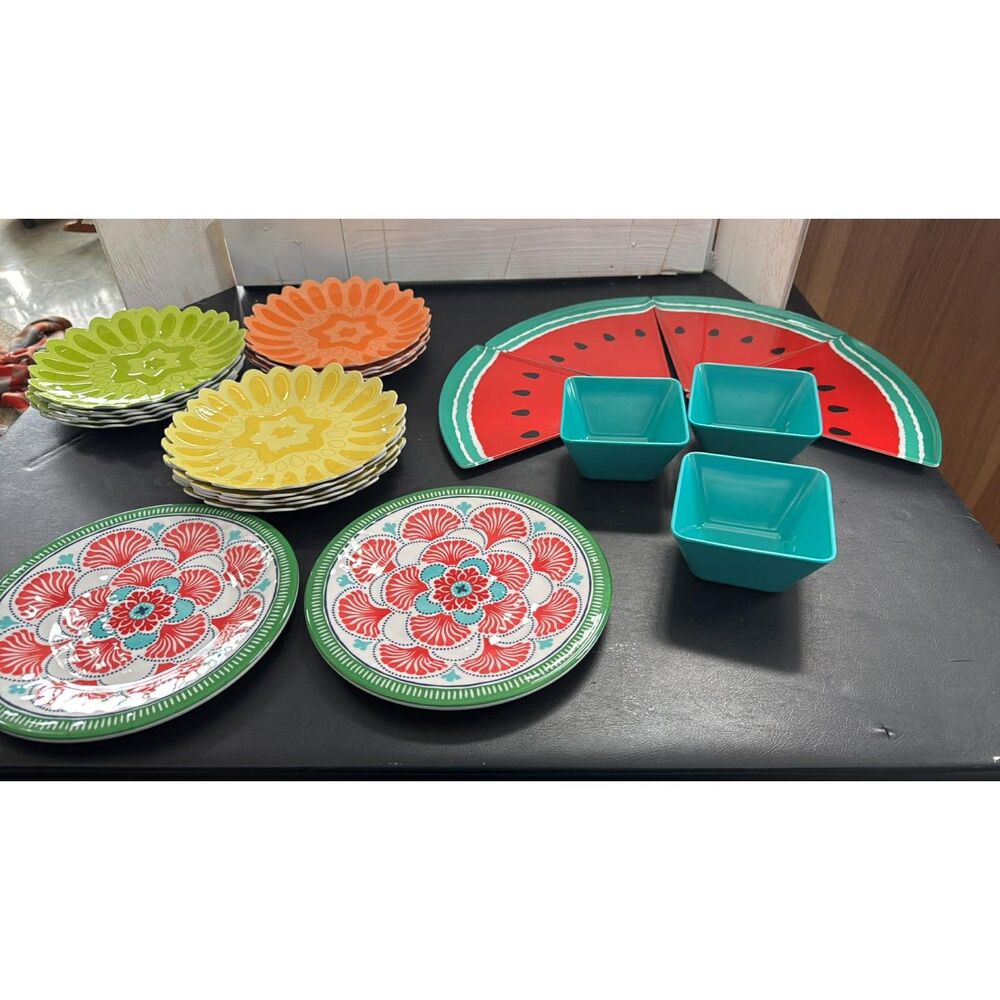 Lot  23 of Melamine Desert and saak Plates Watermelon Plates and Small Bowls